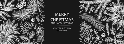 Christmas banner design on chalkboard. Vector frame with hand sketched winter flowers, evergreen plants and con. Vintage background with botanical elements. Engraved style vintage winter illustration.